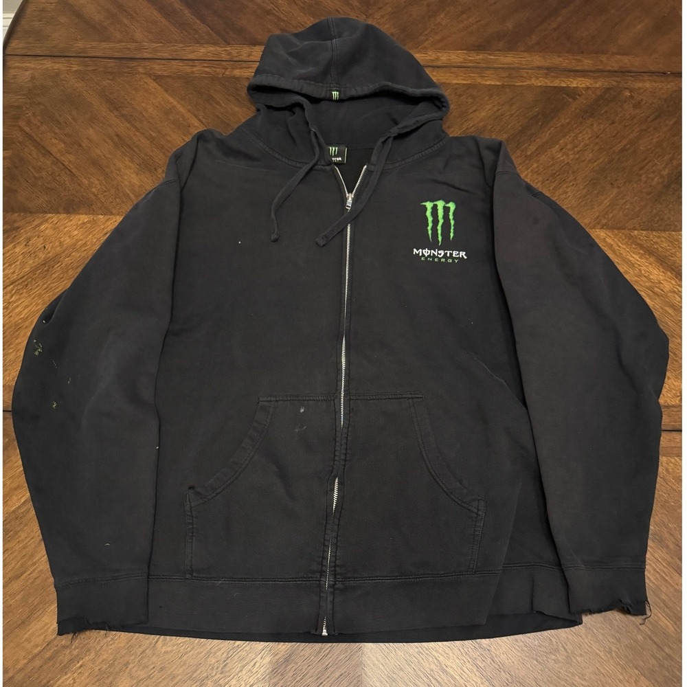 Monster Energy Mens Black Full Zip Hoodie Sweatshirt Green Claw Logo‎ Distressed